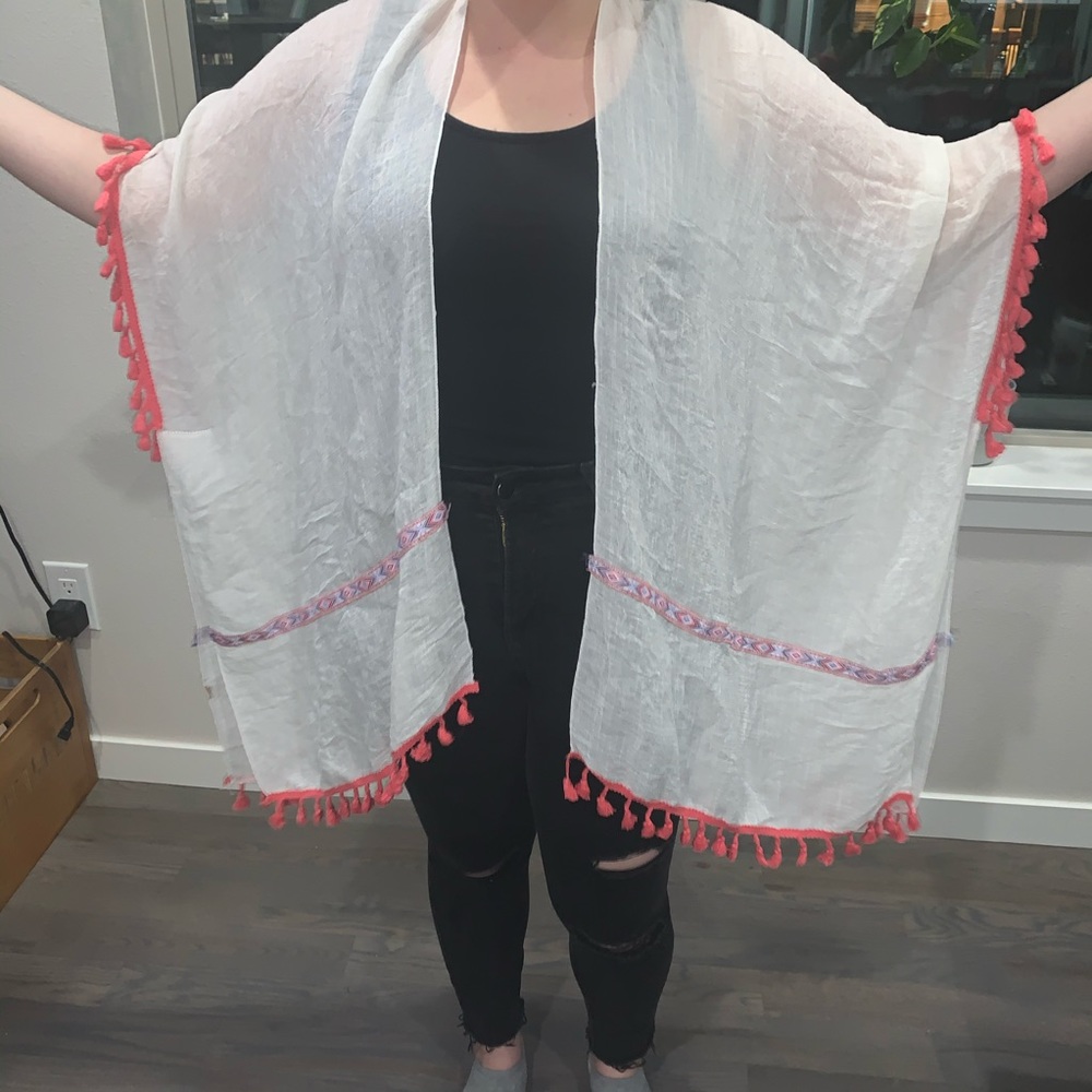 White coral boho tassel beachy scarf wrap